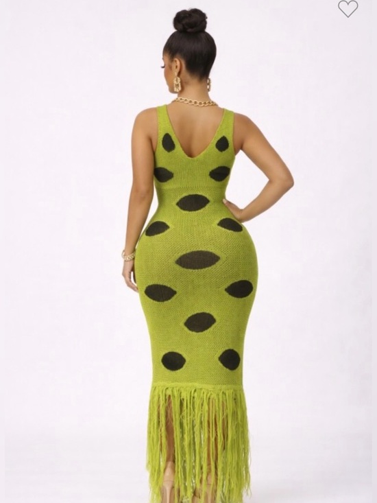 Polka Dot Knit Fringe Tassel Maxi Dress - Picture 2 of 2